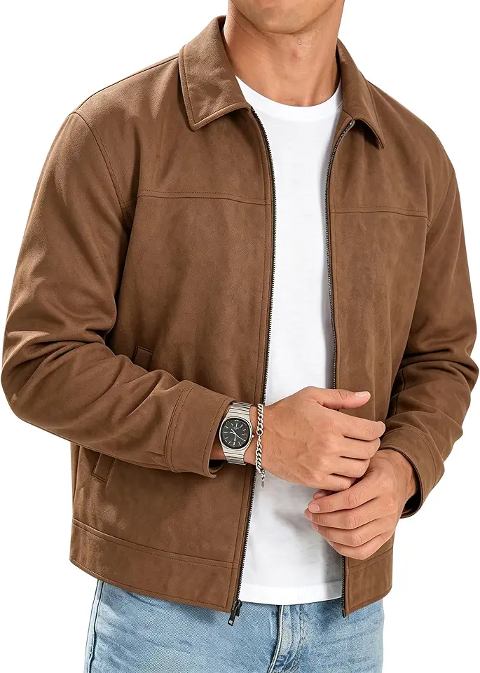 Men's Tan Suede Shearling Collar Bomber Jacket