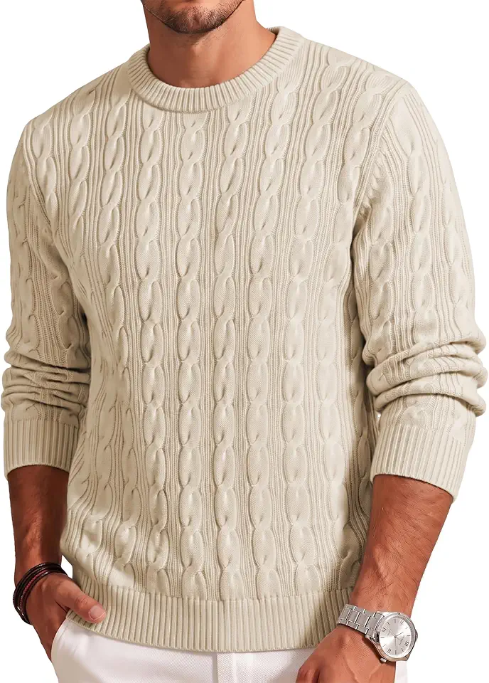 JMIERR Mens Cable Knit Crewneck Sweater Casual Long Sleeve Pullover Tops