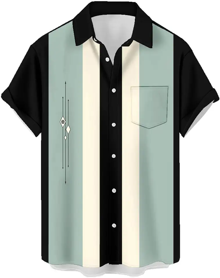 Mens Bowling Shirts, 1950s Hawaiian Vintage Button Down Short Sleeve Shirts Summer Casual Holiday Beach Shirts