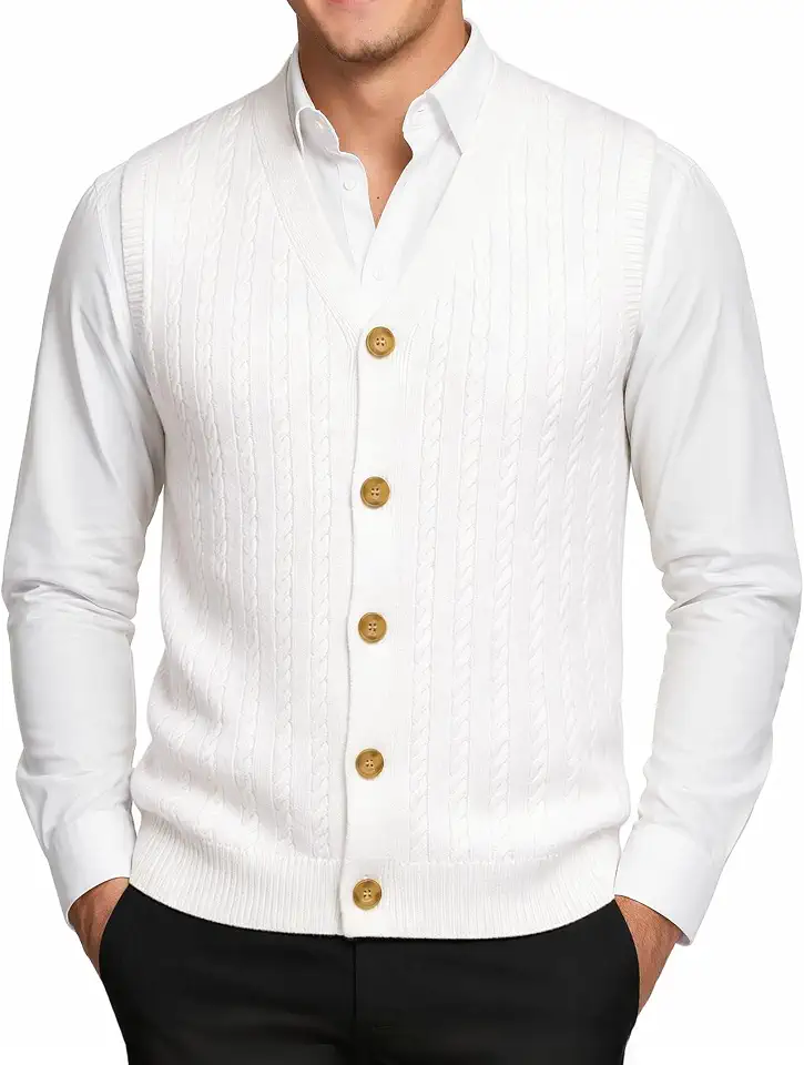 Barry Wang Mens V-Neck Cardigan Cable Knit Sweater Vest Button Sleeveless