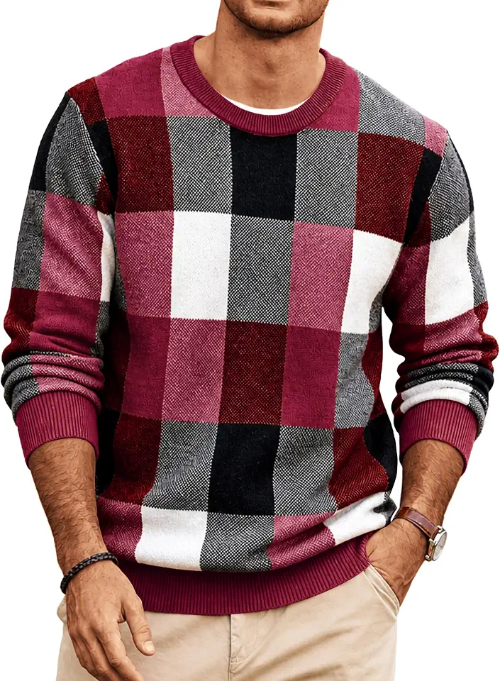 COOFANDY Men's Plaid Crew Neck Sweater Long Sleeve Knit Pullover