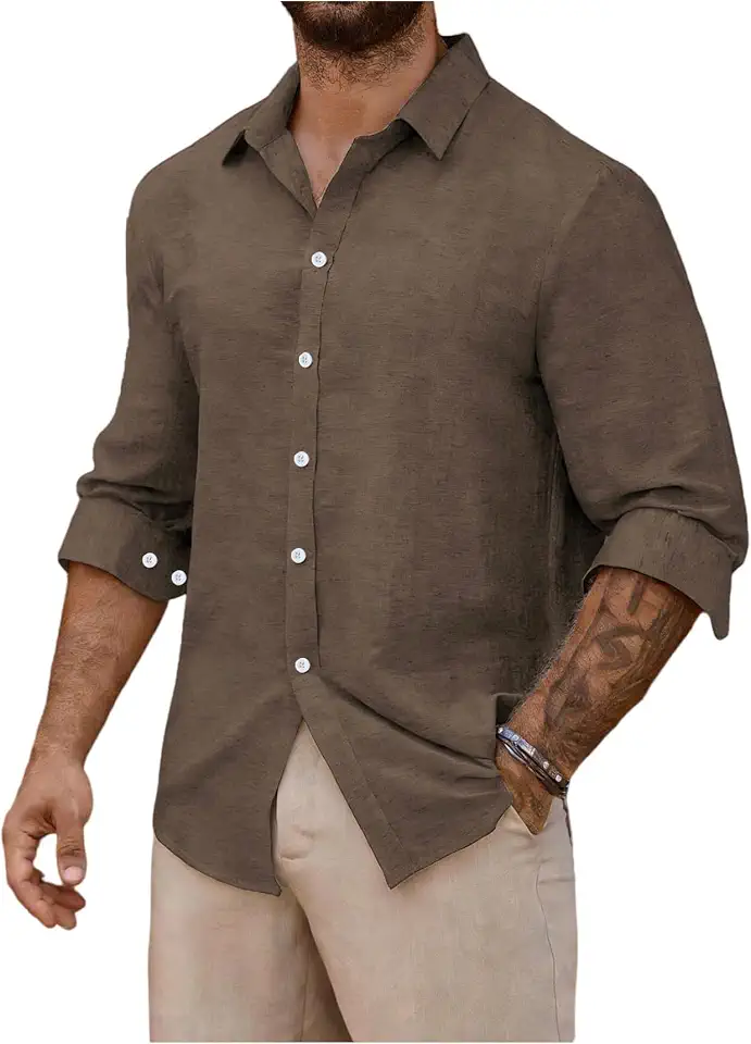 VIPWOLF Men's Linen Shirts Button Down Long Sleeve Business Casual Work Office Dress Shirt Old Money Clothes