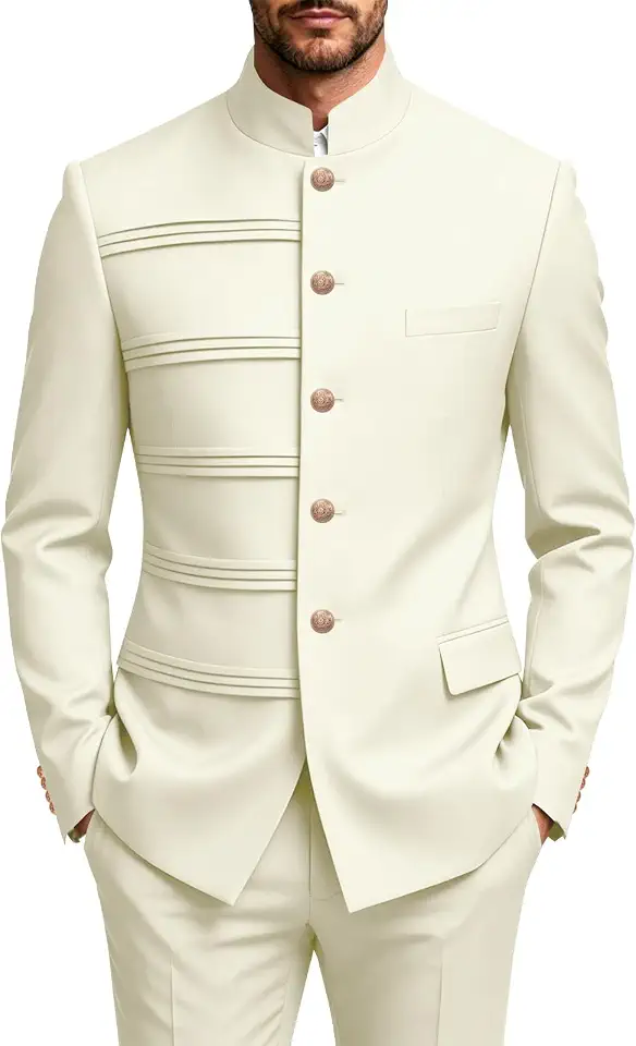Men's Mandarin Collar Chinese Tunic Suit 2 Piece Slim Fit Pleated Safri Suits Outfit Wedding Groom Formal Jacket Pants