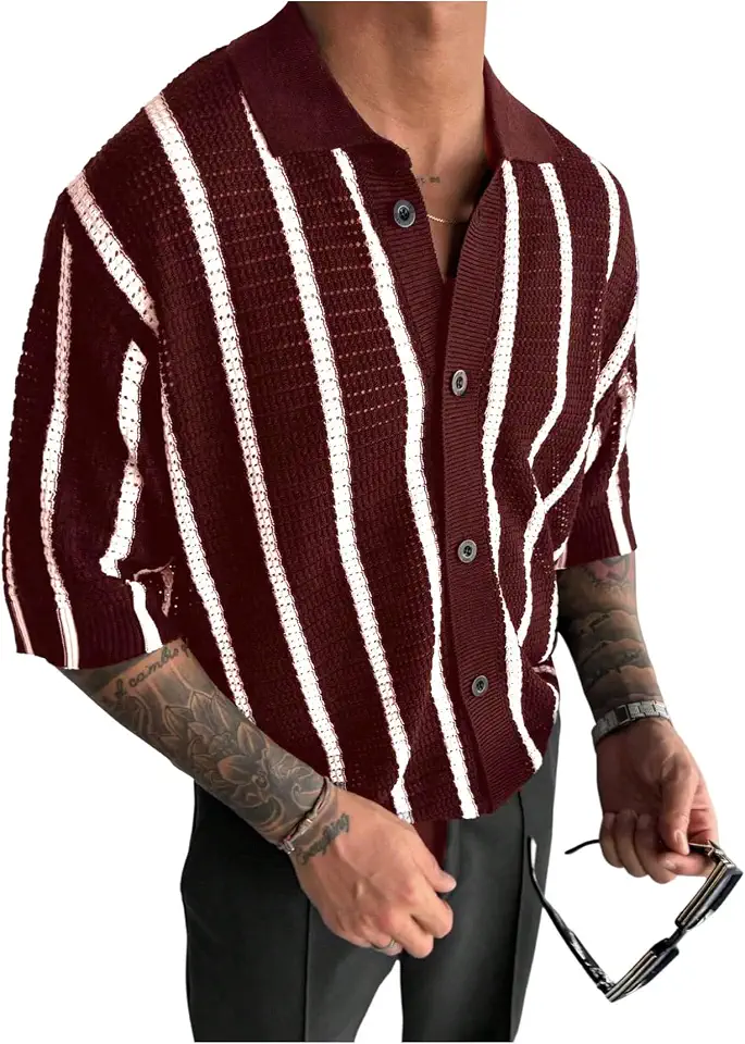 SOLY HUX Men's Striped Hollow Out Knit Shirt Button Down Short Sleeve Top