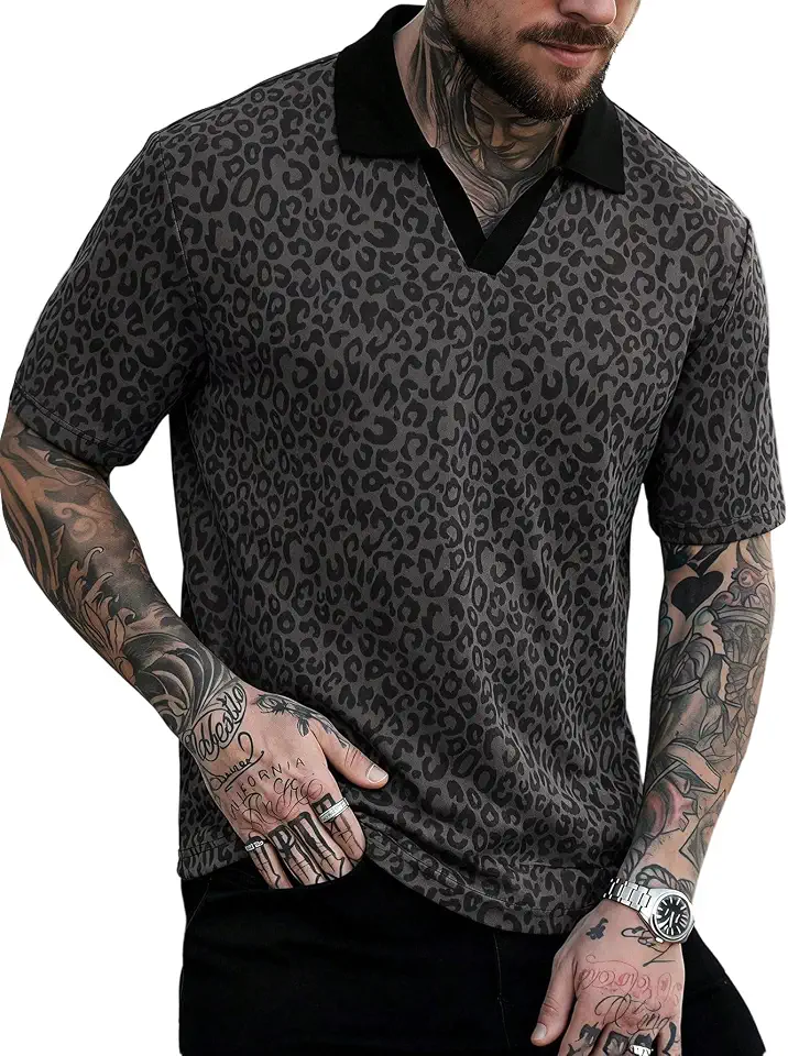 SOLY HUX Men's Leopard Cheetah Print Shirts Summer Knitted Casual Shirt