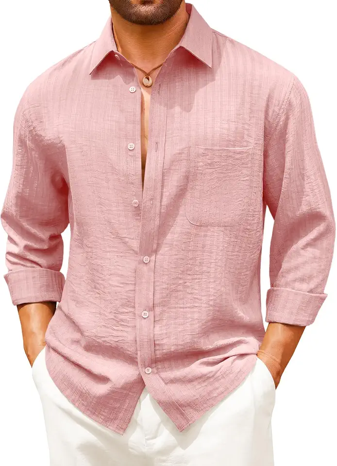 Runcati Mens Button Down Linen Shirts Long Sleeve Casual Textured Shirt Cotton Beach Hippie Tops with Pocket