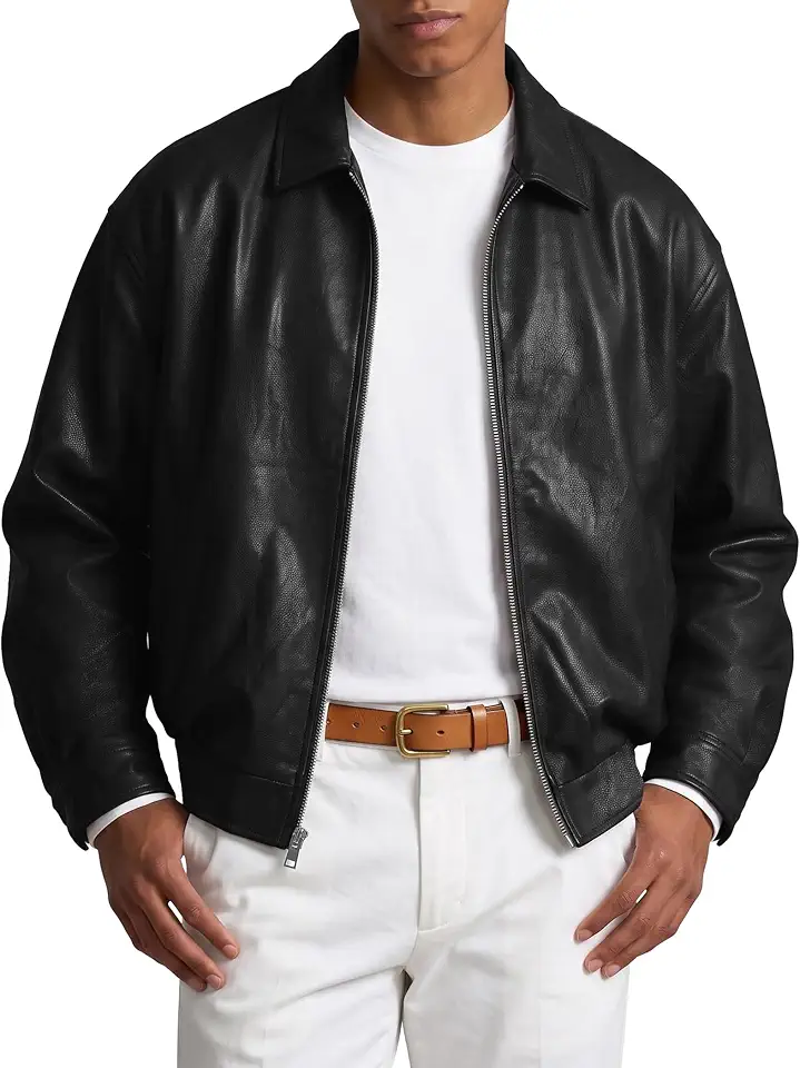 JMIERR Mens Faux Leather Jacket With Pockets Zip Up Coat Relaxed Fit