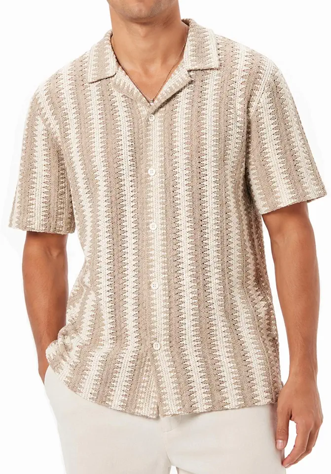 BOGARI Men Crochet Shirt Hollow Out Knit Stripe Summer Beach Button Down Sheer Lace Shirts Casual Cuban Textured Tops