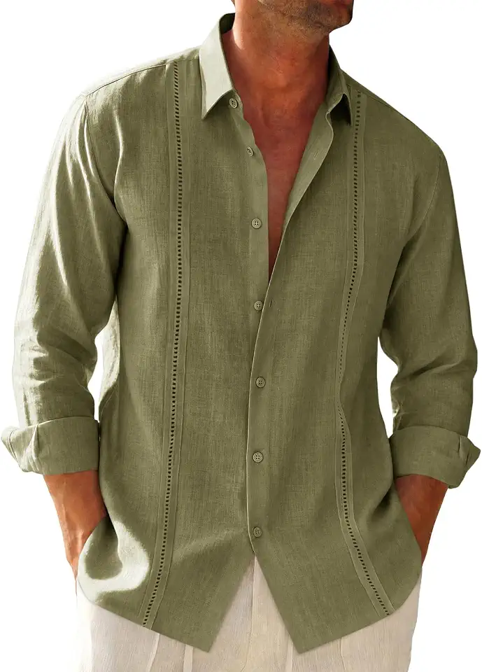 Runcati Mens Linen Cuban Guayabera Shirts Button Down Long Sleeve Shirt
