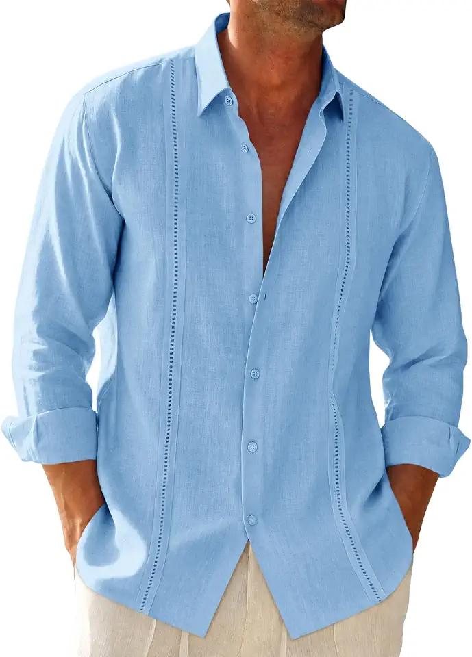 Runcati Mens Linen Cuban Guayabera Shirts Button Down Long Sleeve Shirt