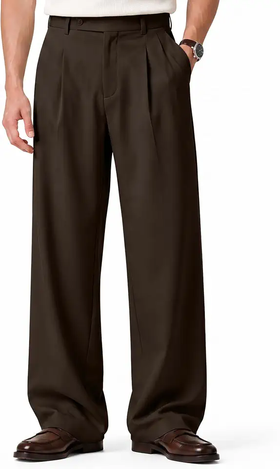 HUNGSON Mens Baggy Casual Dress Pants Pleated Wide Leg Lightweight Slacks