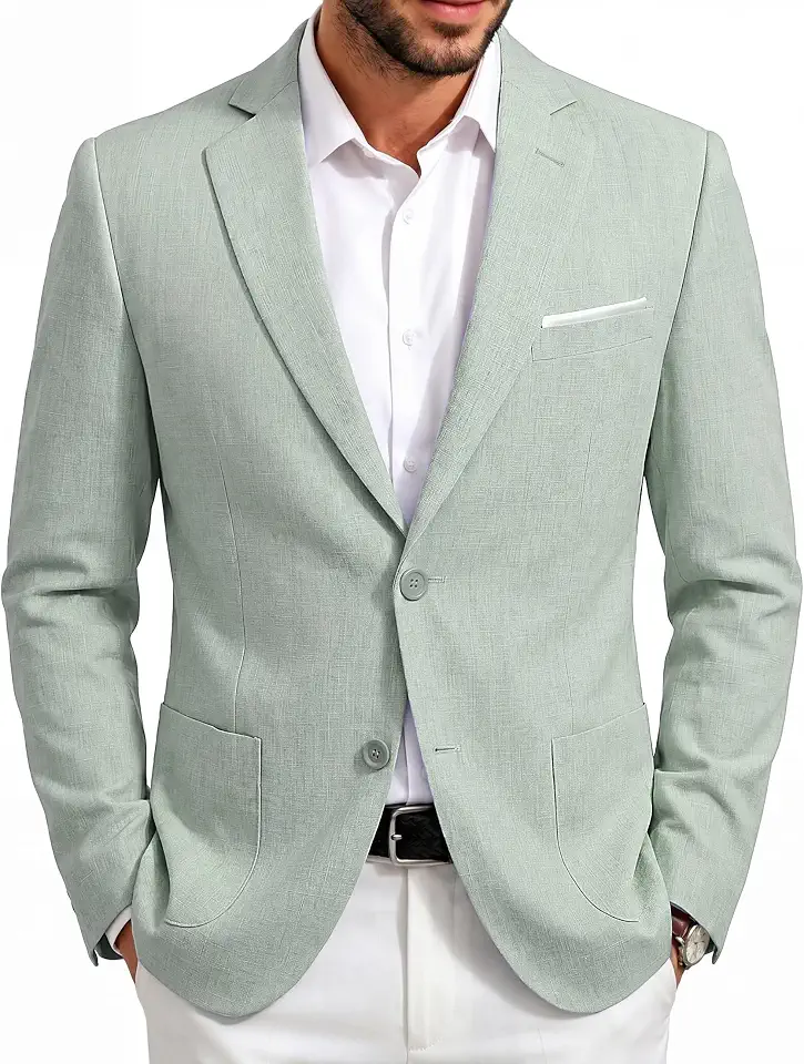 Barry.Wang Men's Casual Linen Blazer Two Button Business Sport Coat Wedding