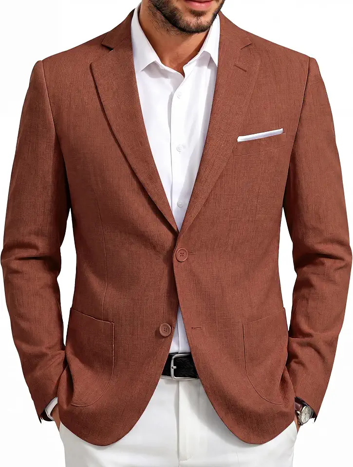 Barry.Wang Men's Casual Linen Blazer Two Button Business Sport Coat Wedding