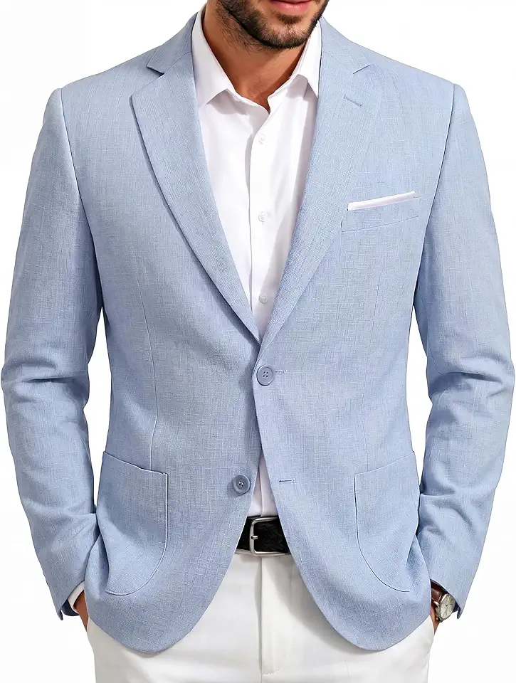 Barry.Wang Men's Casual Linen Blazer Two Button Business Sport Coat Wedding