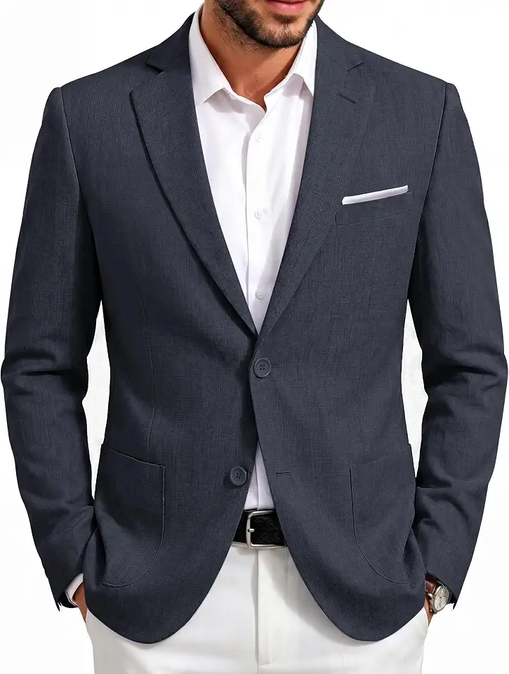 Barry.Wang Men's Casual Linen Blazer Two Button Business Sport Coat Wedding