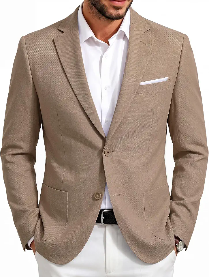 Barry.Wang Men's Casual Linen Blazer Two Button Business Sport Coat Wedding