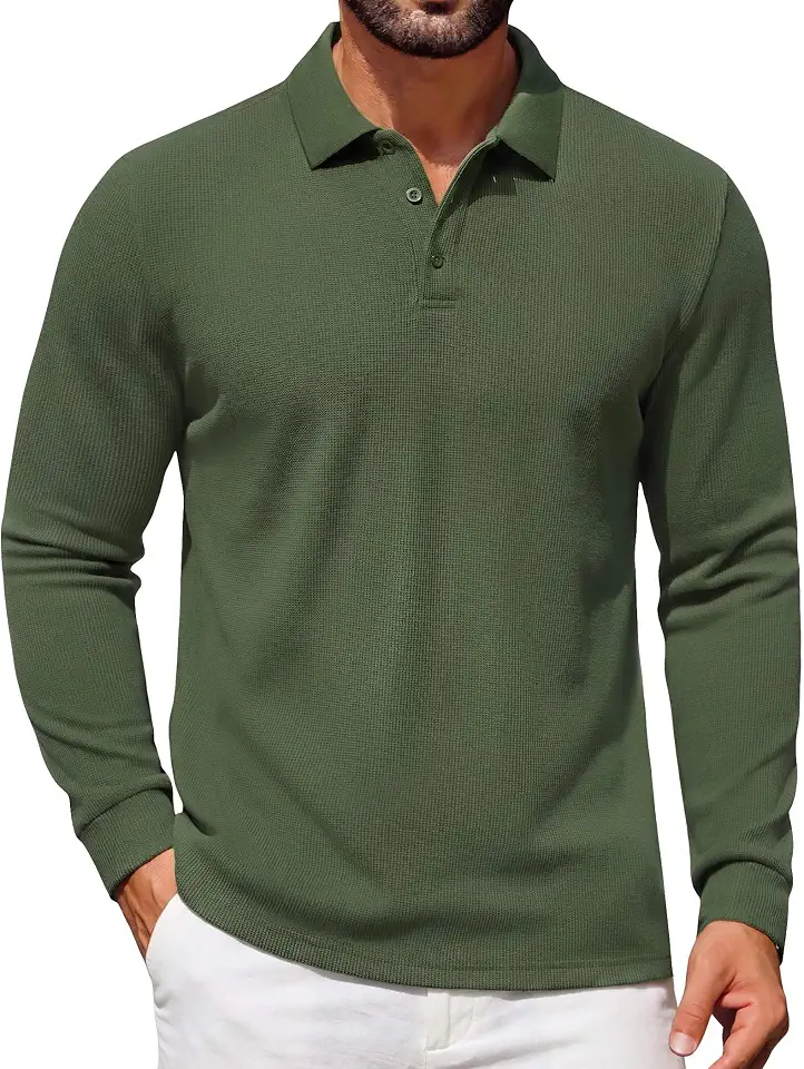 Global Recycled Standard COOFANDY Mens Waffle Knit Polo Shirts Casual Long Sleeve Polo Shirt
