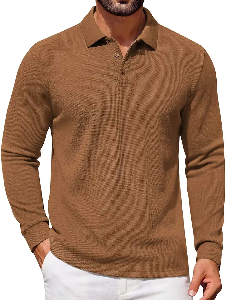 Global Recycled Standard COOFANDY Mens Waffle Knit Polo Shirts Casual Long Sleeve Polo Shirt