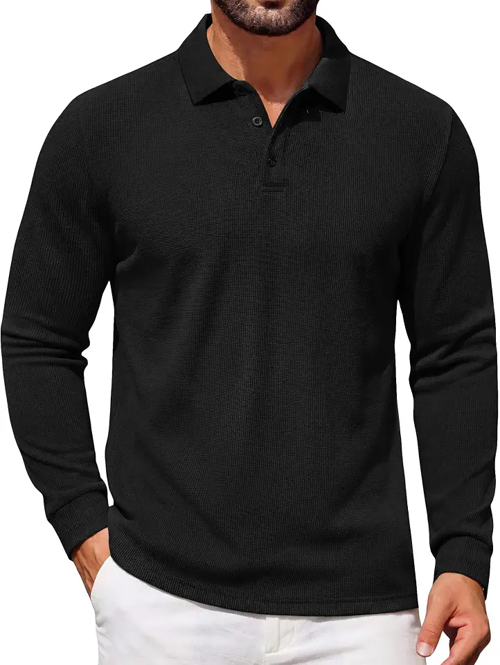 Global Recycled Standard COOFANDY Mens Waffle Knit Polo Shirts Casual Long Sleeve Polo Shirt