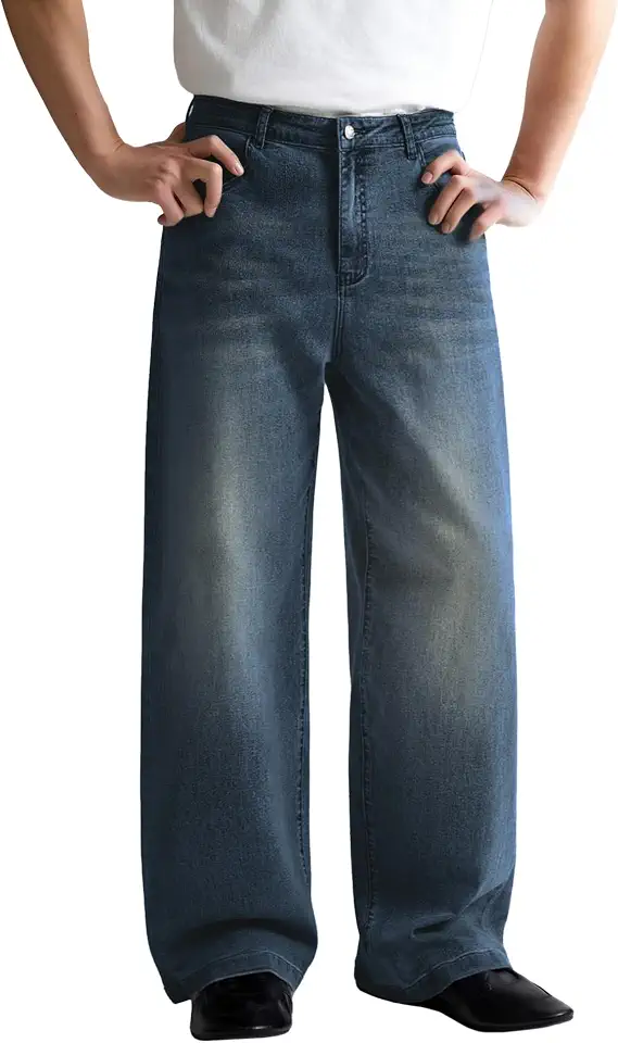Mens Baggy Fleece Lined Jeans Wide Leg High Stretch Denim Pants