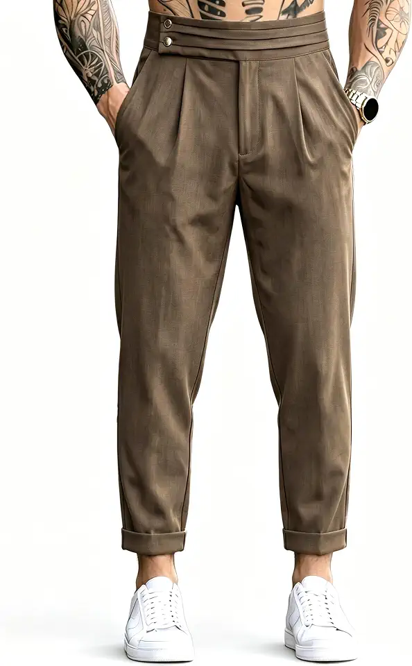 Men's High-Waisted Gurkha Trousers, Olive, Double Pleated Tapered Cut, Cuffed Hem, Retro Italian Style