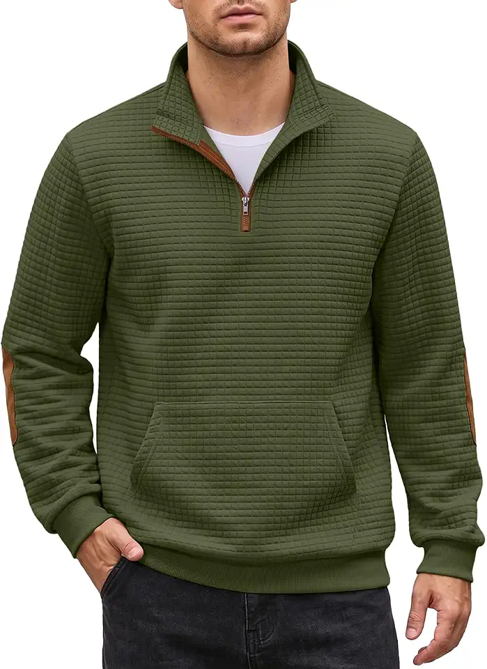 Mens Sweatshirt Casual Stand Collar Quarter Zip Pullover Fall Waffle Sweaters Long Sleeve with Pockets