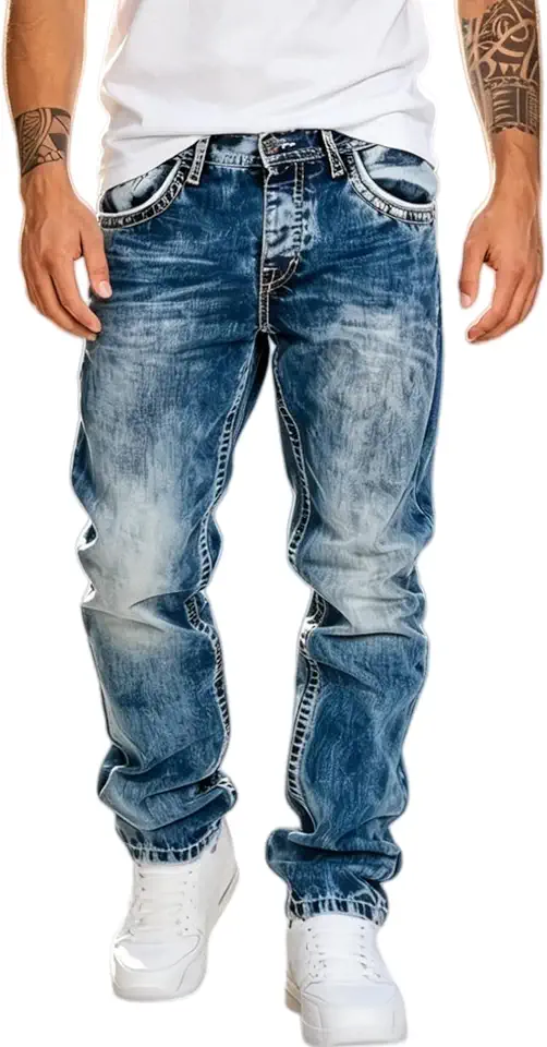 Men's Acid Wash Straight Leg Stacked Jeans, Snowflake Tie Dye Stretch Denim, Y2K Hip Hop Streetwear Baggy Pants