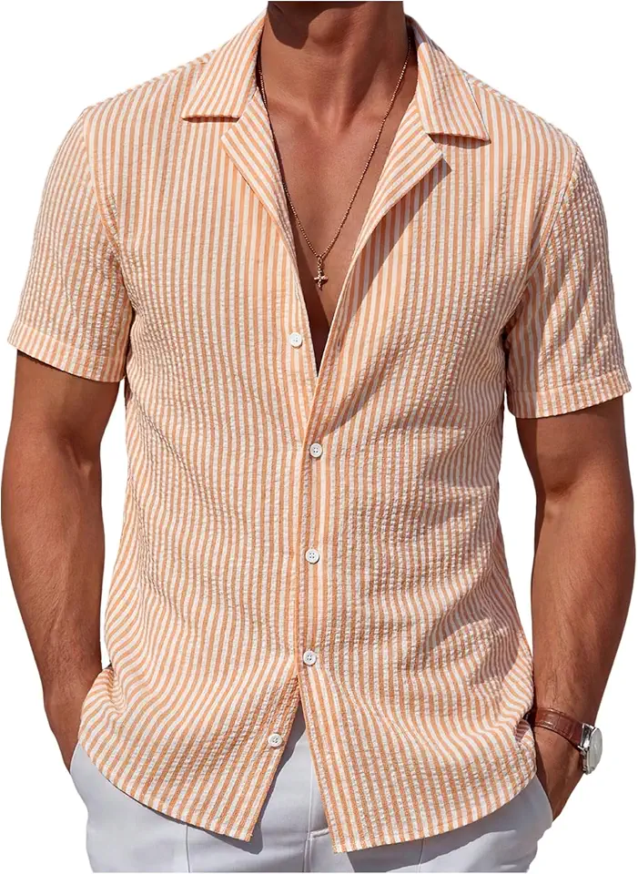 WDIRARA Men's Striped Shirts Button Down Short Sleeve Collared Shirt Vacation Tops