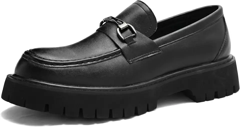 Men's Patent Leather Chunky Loafers Fashion Metal Buckle Slip-On Platform Dress Shoes Lug Sole Casual Business Work Shoes