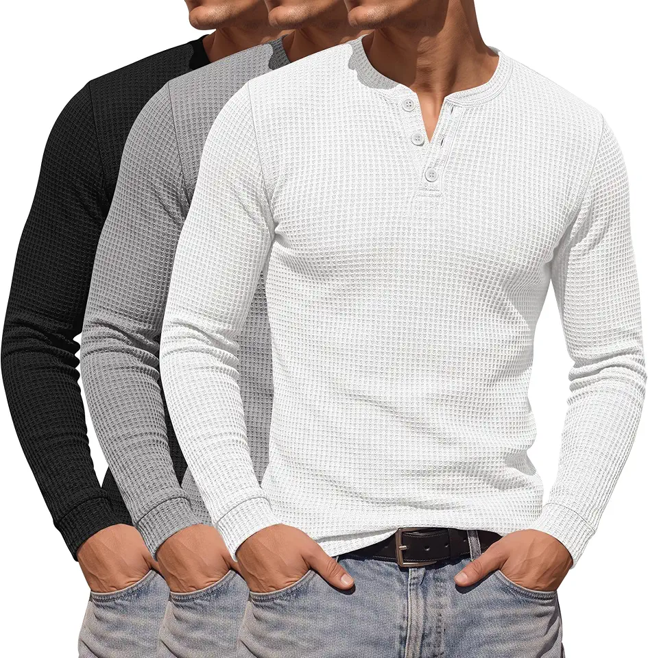 3 Pack Men's Waffle Henley Shirts Long Sleeve Pullover