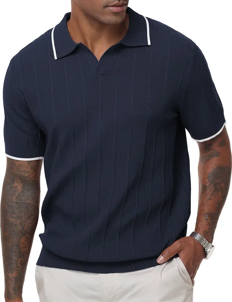 Mens Polo Shirts Ribbed Hollow Knit Polo Shirt Short Sleeve Muscle V Neck Golf Tees