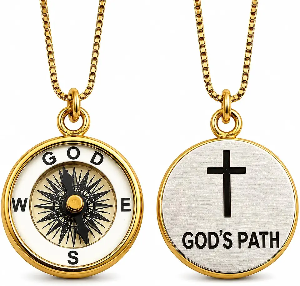 OakiWay God's Path Compass Necklace - Christian Religious Gift for Baptism Confirmation Communion Graduation, 24" Gold Plated Chain & Greeting Card Included