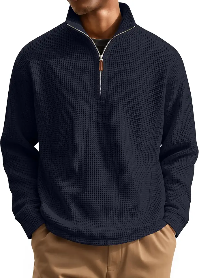 Ficerd Men's Quarter Zip Waffle Knit Pullover Top