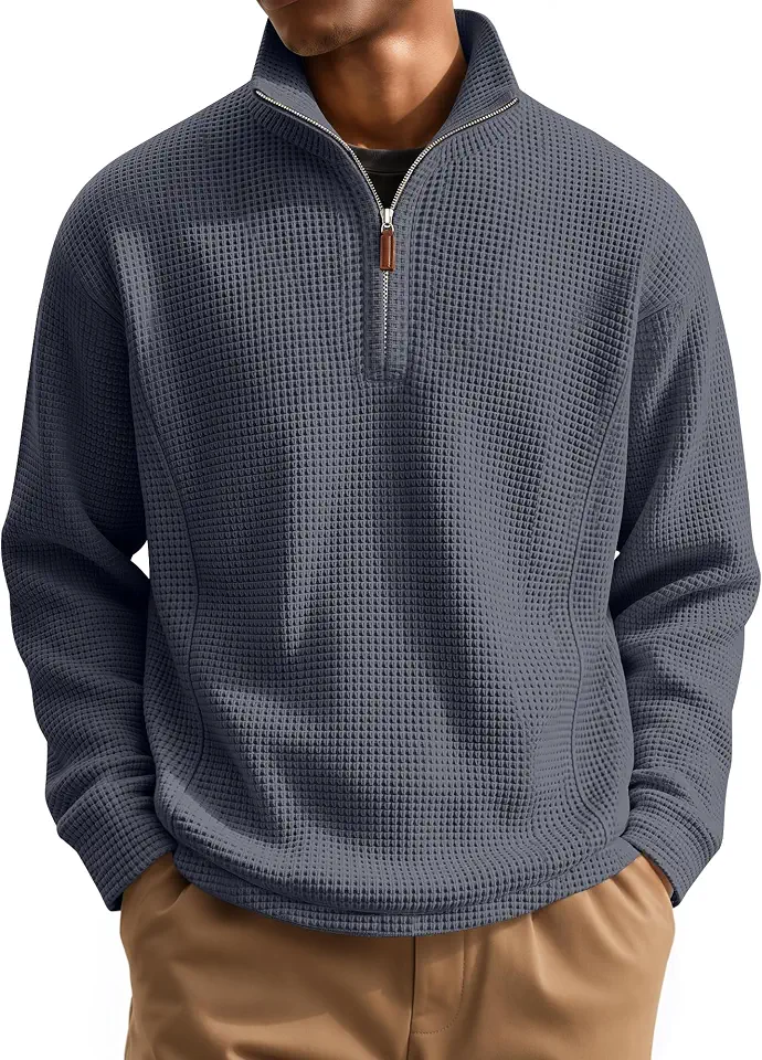Ficerd Men's Quarter Zip Waffle Knit Pullover Top