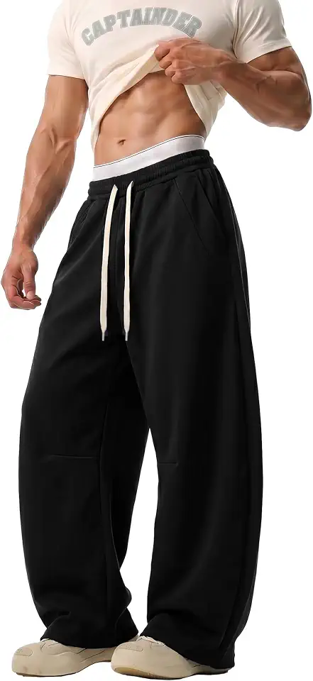 JEMLDL Men's Baggy Sweatpants Wide Leg Barrel Sweat Pants Drawstring Elastic Waist Loose Fit Slacks with Pockets
