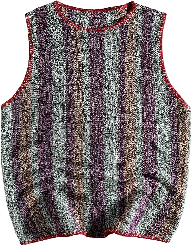 RoseSeek Men's Summer Striped Crochet Tank Tops Casual Sleeveless Crew Neck Knit Tops Streetwear