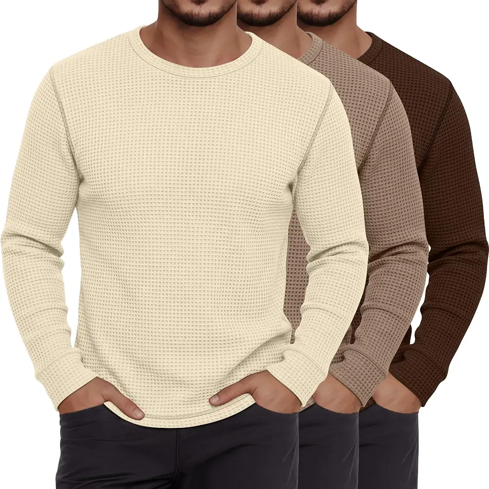 Locoowai 3 Pack Men's Crew Neck Waffle Long Sleeve Tops