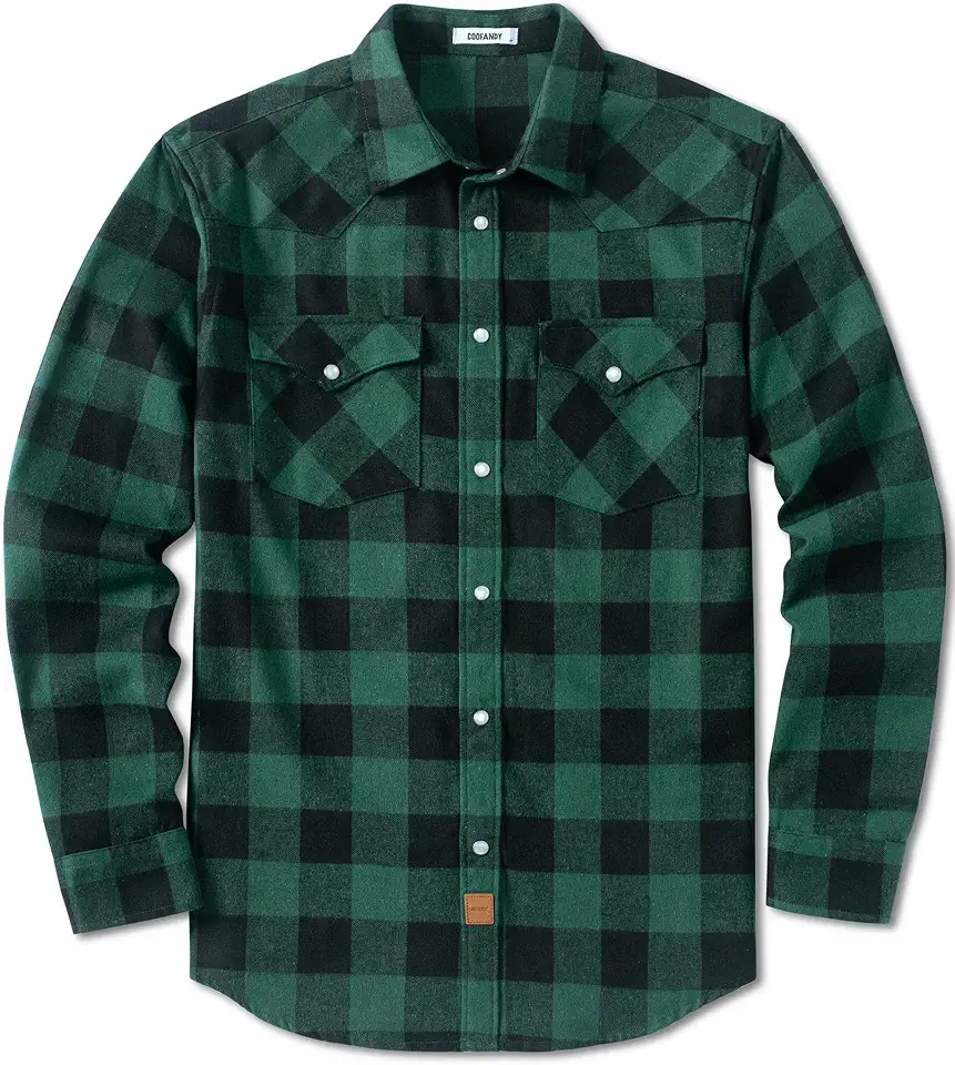 Men's Green Plaid Flannel Western Snap Shirt