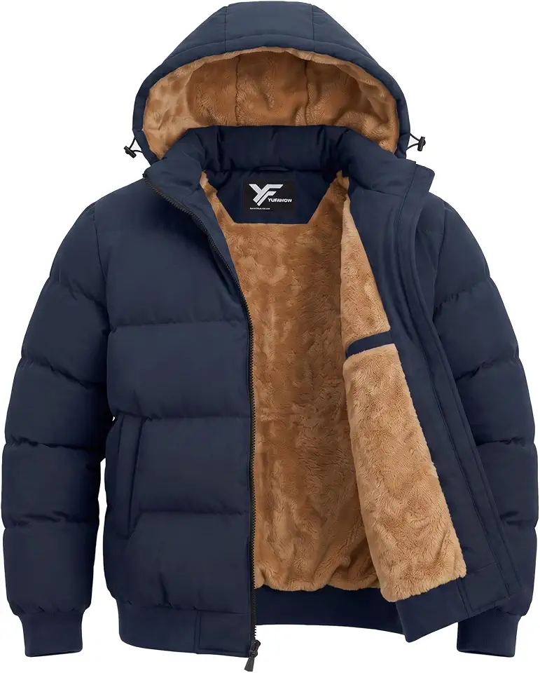 Yufawow Men Puffer Jacket Insulated Warm Coat Dual-Layer Fleece Lined Detachable Hood Winter Outdoor Work Winter Casual Clothes