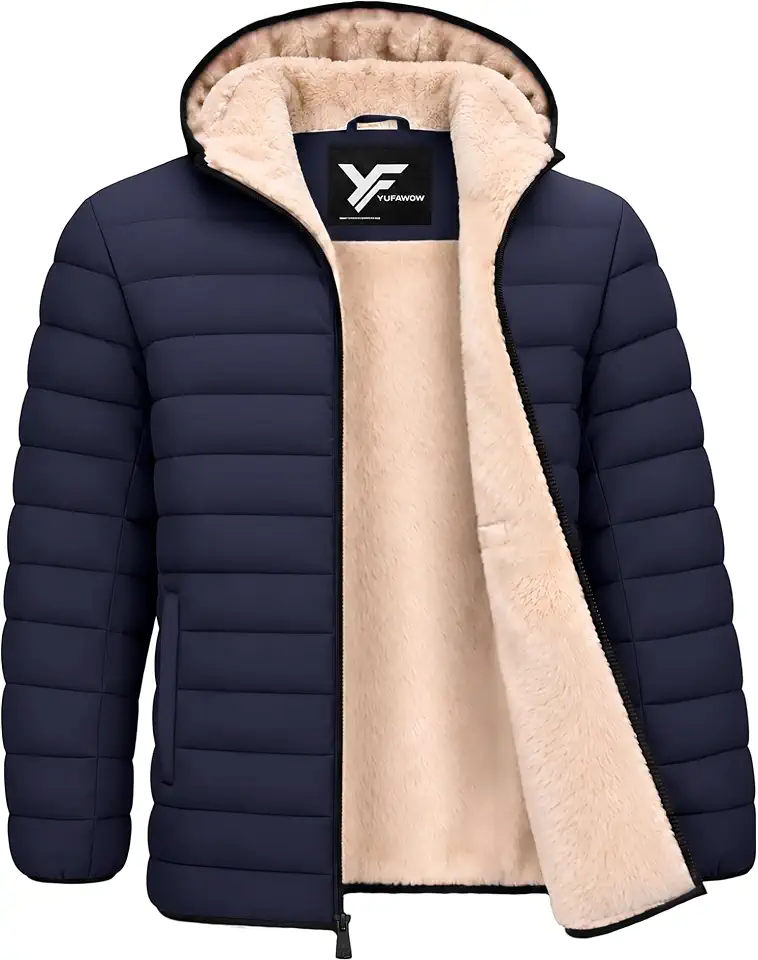 Global Recycled Standard Yufawow Men Puffer Jacket Insulated Warm Coat Sherpa Fleece Lined Lightweight for Cold Weather Outdoor Work Winter Casual Clothes