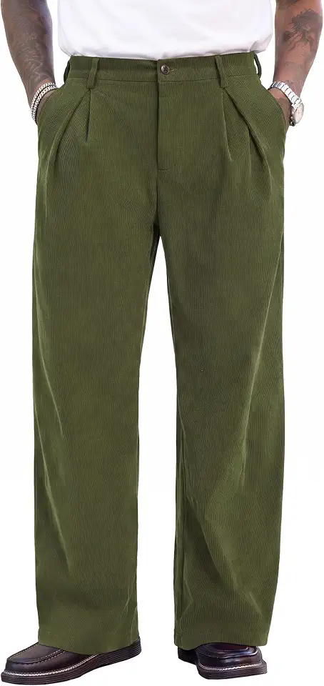 PLEPAN Men's Corduroy Baggy Wide Leg Pants with Front Pleats