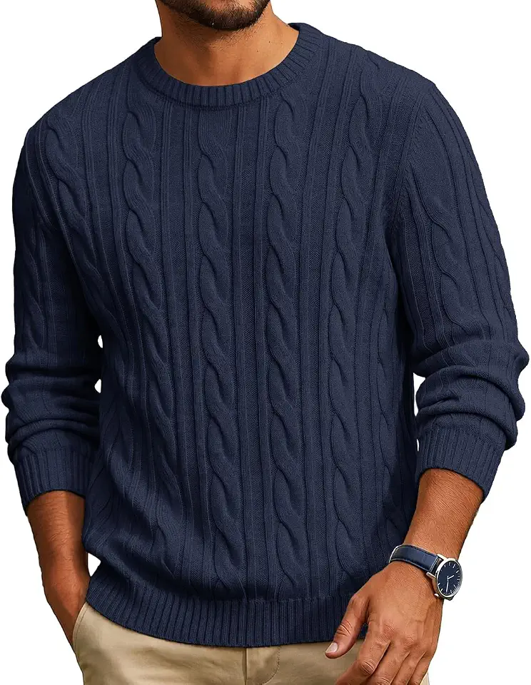 COOFANDY Mens Sweater Crewneck Cable Knit Sweater Casual Warm Pullover