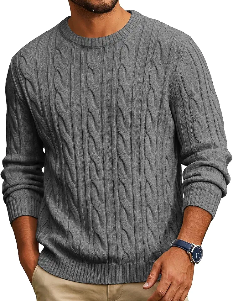 COOFANDY Mens Sweater Crewneck Cable Knit Sweater Casual Warm Pullover