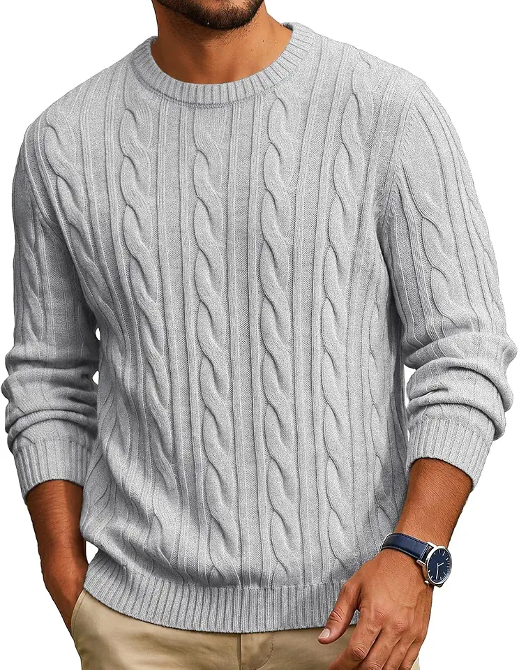 COOFANDY Mens Sweater Crewneck Cable Knit Sweater Casual Warm Pullover
