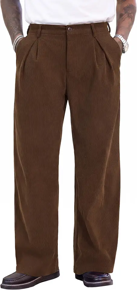 PLEPAN Men's Corduroy Baggy Wide Leg Pants with Front Pleats