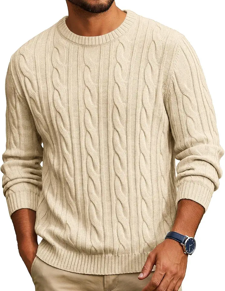 COOFANDY Mens Sweater Crewneck Cable Knit Sweater Casual Warm Pullover