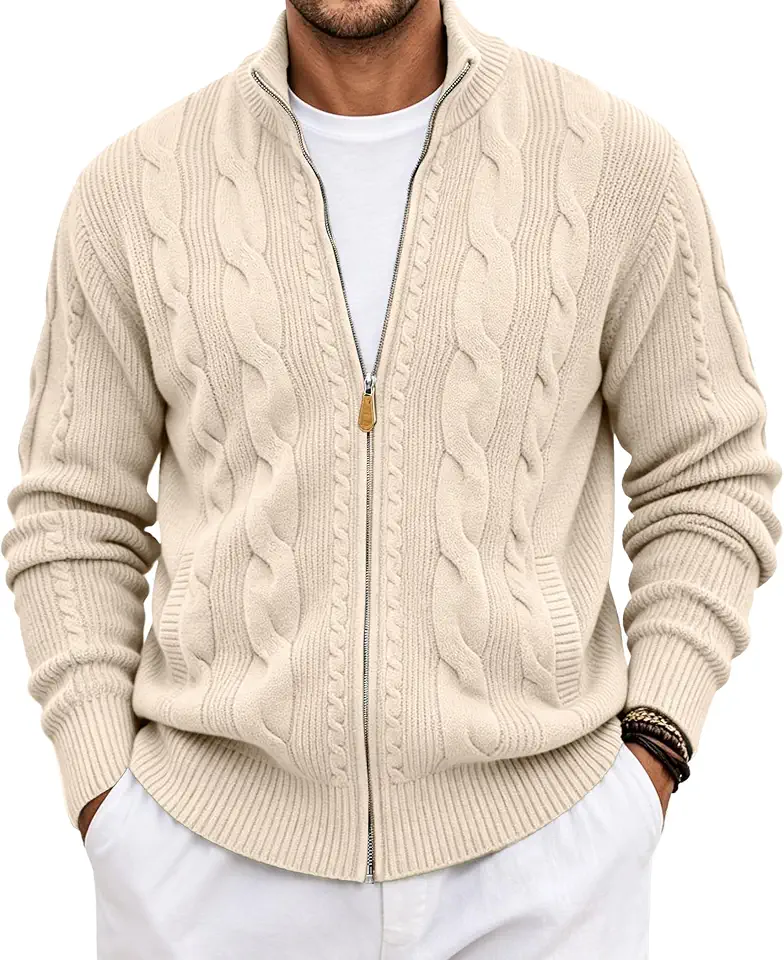 Men's Beige Cable Knit Cardigan Sweater