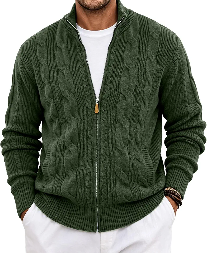 JMIERR Mens Casual Cable Knit Full Zip Cardigan Sweater