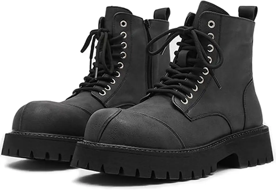 CrazySavage Men's Black Leather Lace-up Platform Combat Boots Wide Toe Side Zipper Chunky Heel Lug Sole Ankle Booties Comfort High Top Waterproof Biker Boots