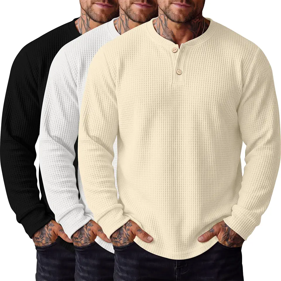 Locoowai 3 Pack Men's Big and Tall Waffle Knit Henley Shirts